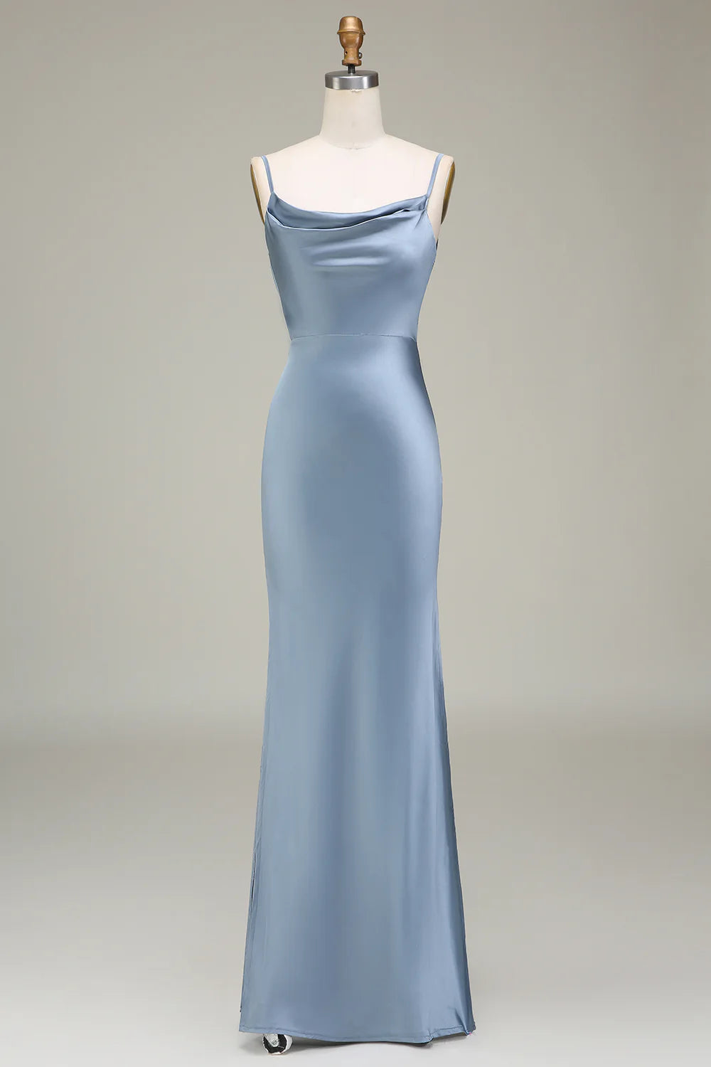 Dusty Blue Sheath Spaghetti Straps Long Satin Evening Dresses